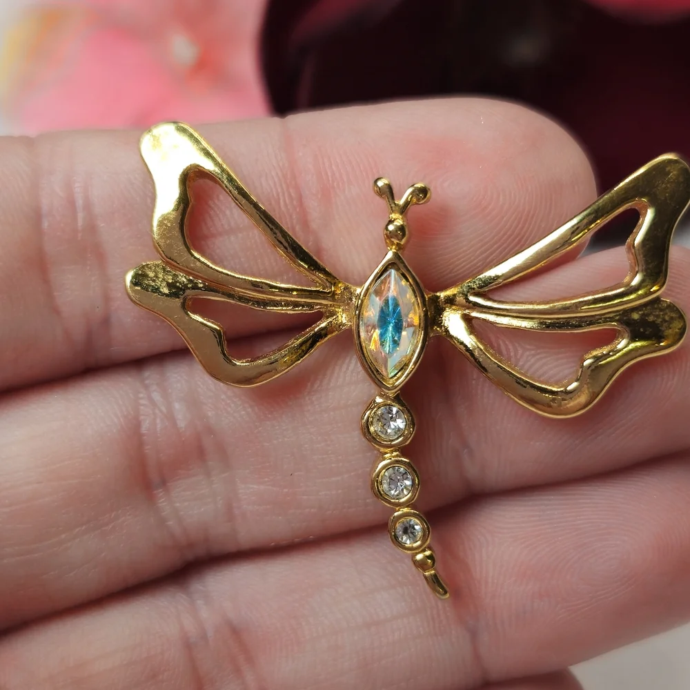 Vintage Avon AB Crystal Gold Tone Dragonfly Pin or Brooch